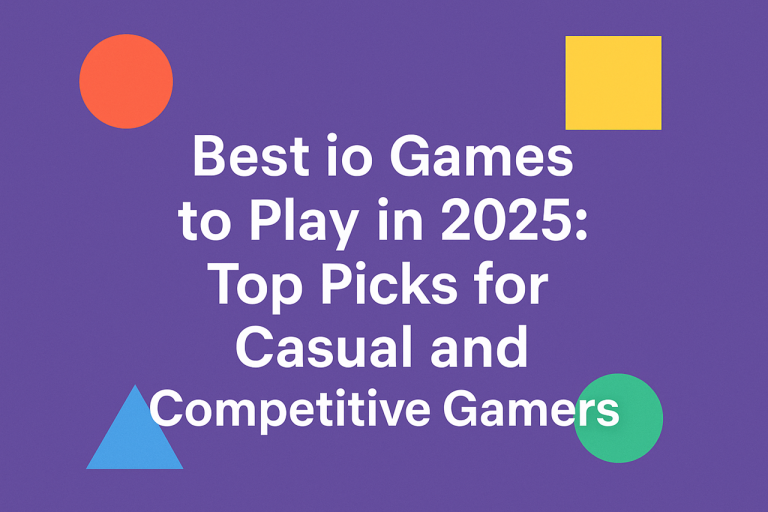 olorful thumbnail with geometric shapes and the title 'Best io Games to Play in 2025: Top Picks for Casual and Competitive Gamers' on a purple background.